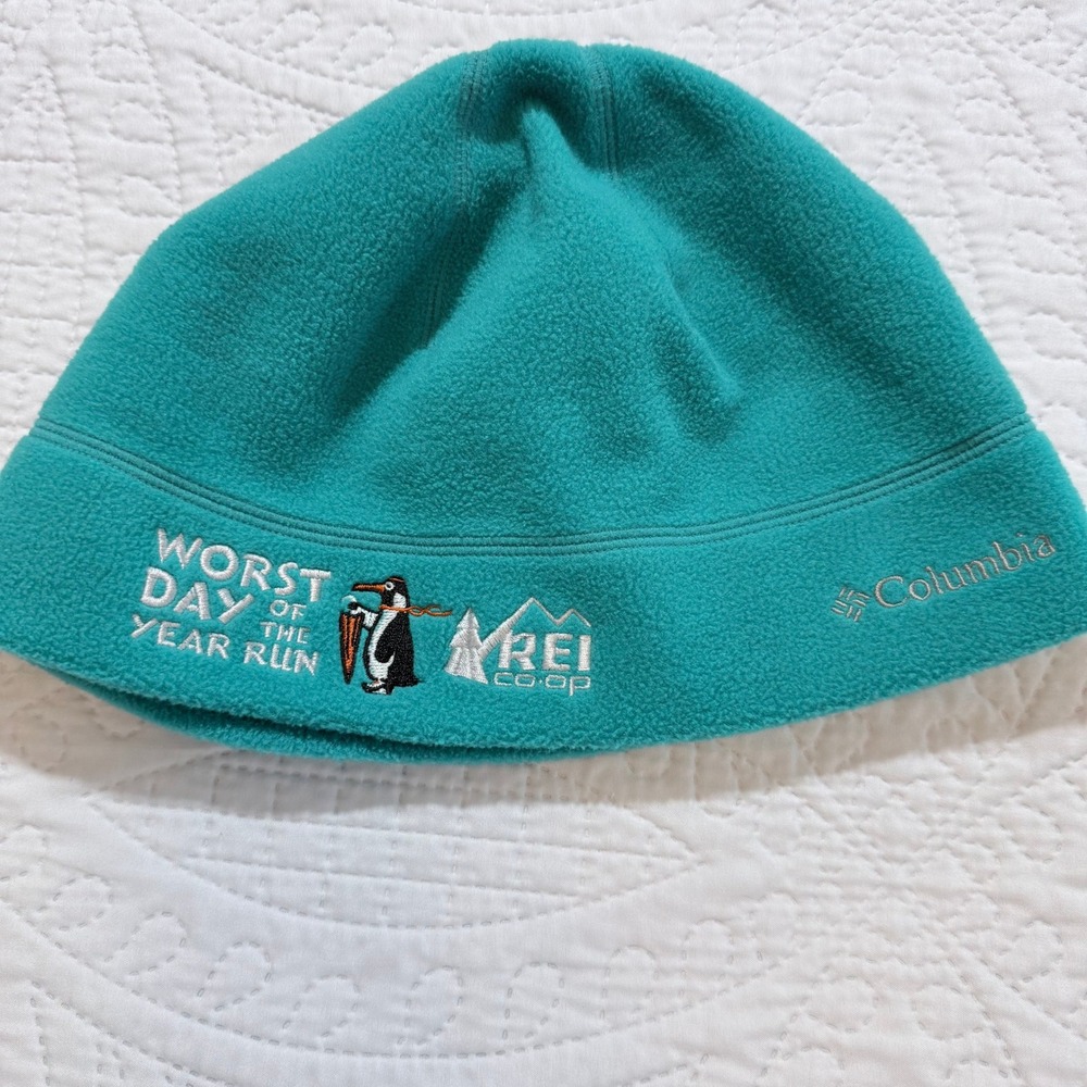 Columbia Fleece Beanie L/XL‎ Worst Day Of Year Run REI Hat Teal